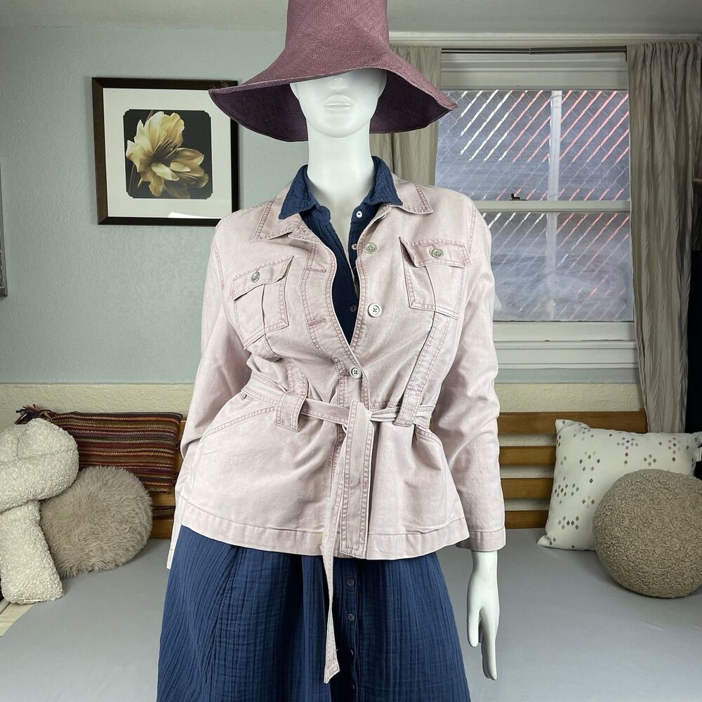 French Cuff Button Front Pockets Belted Chore Coat Women’s XL Pink Lavender